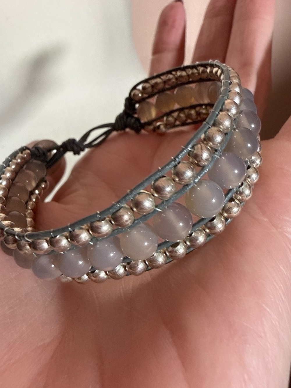 Grey Tourmaline Beaded Wide leather wrap bracelet boho